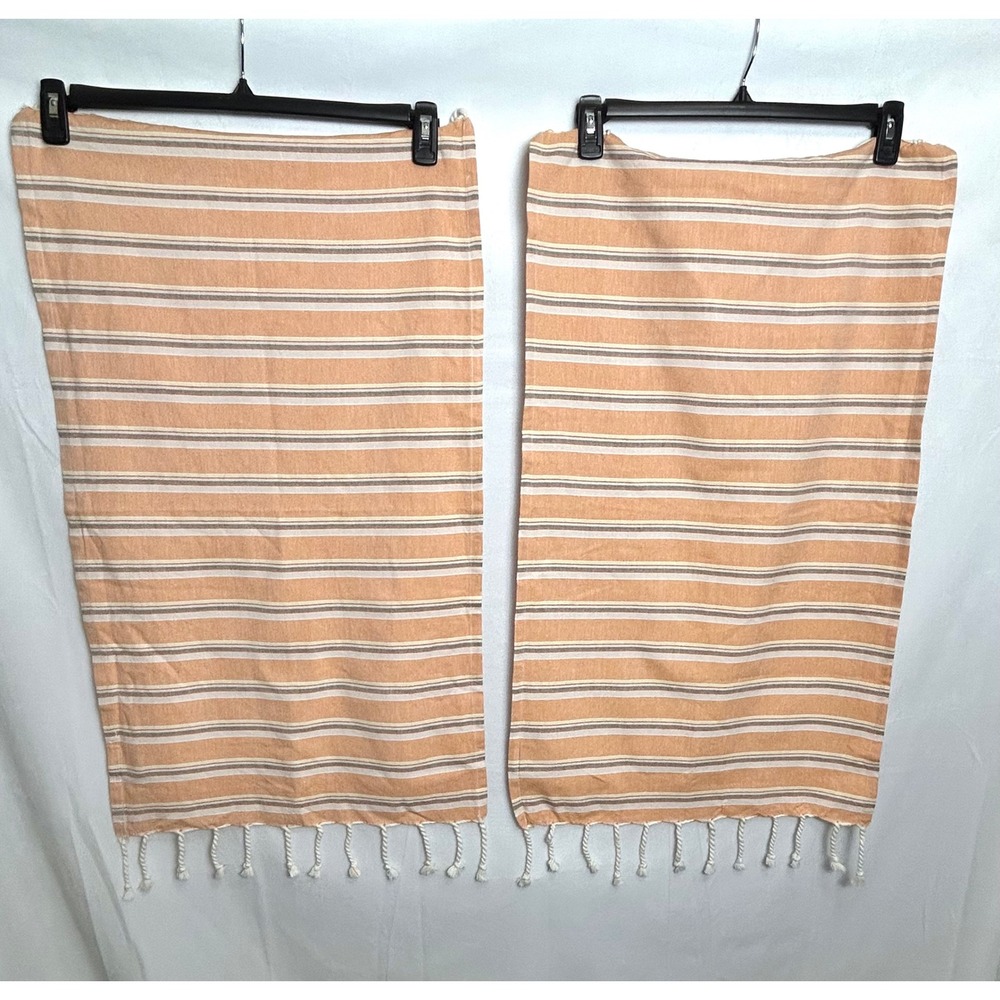 Pact Organic Cotton Hand Towels Set of 2 Orange Striped Fringe GOTS Certified